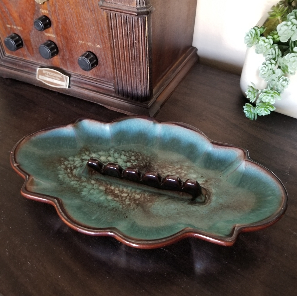 Vintage New Orleans Drip Glaze‎ Blue Brown Ashtray Pottery MCM 10"x6"